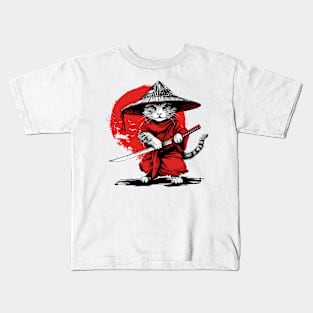 Retro Ninja Samurai Cat Katana Cat Sword Ukiyo-e Ronin Kitty Kids T-Shirt